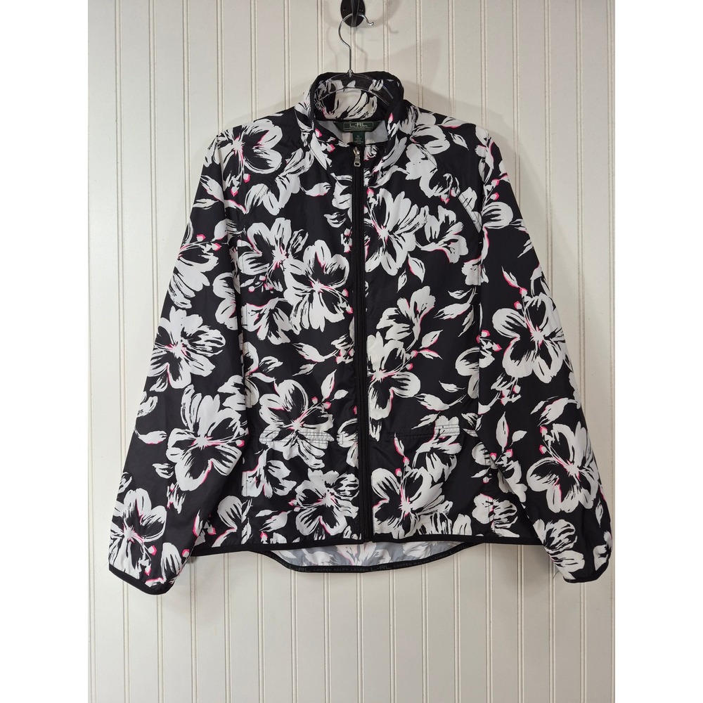 Lauren RL Active Floral Windbreaker Jacket Black White Pink XL Athleisure